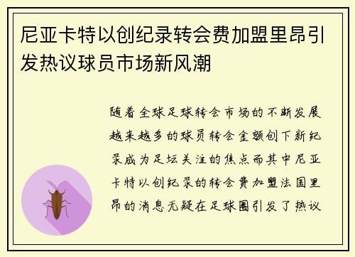 尼亚卡特以创纪录转会费加盟里昂引发热议球员市场新风潮