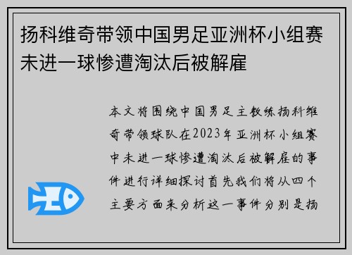 扬科维奇带领中国男足亚洲杯小组赛未进一球惨遭淘汰后被解雇